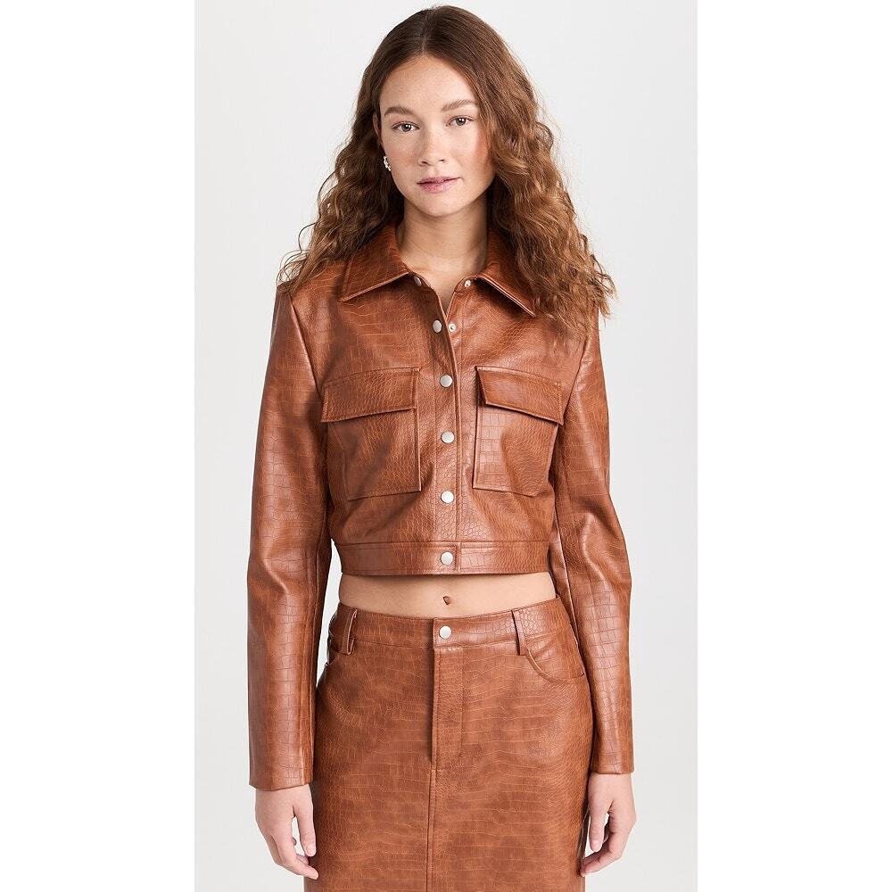 New WAYF Croc Embossed Crop Faux Leather Jacket in Brown Size L